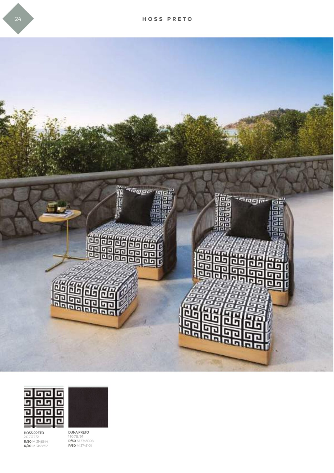 Conjunto de poltronas e pufes Acquablock estampa Hoss geométrica preta e branca em terraço de pedras