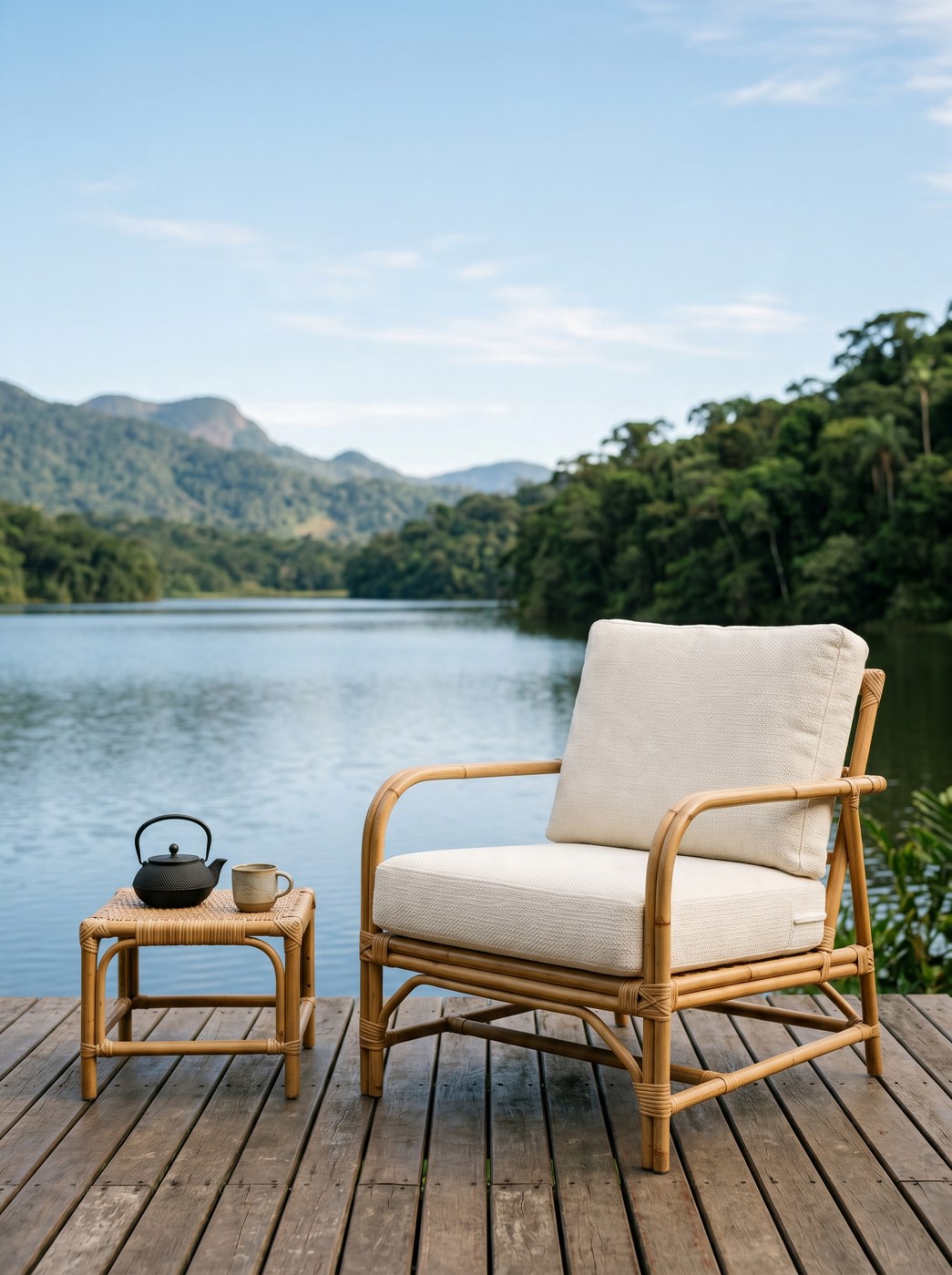 Poltrona individual com almofadas Carmel off-white em deque sobre lago tranquilo