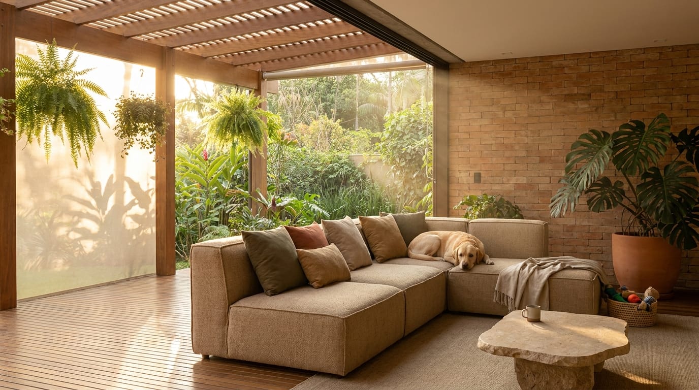 Tecido Carmel — Área externa e pet friendly. Para a casa que vive cheia.