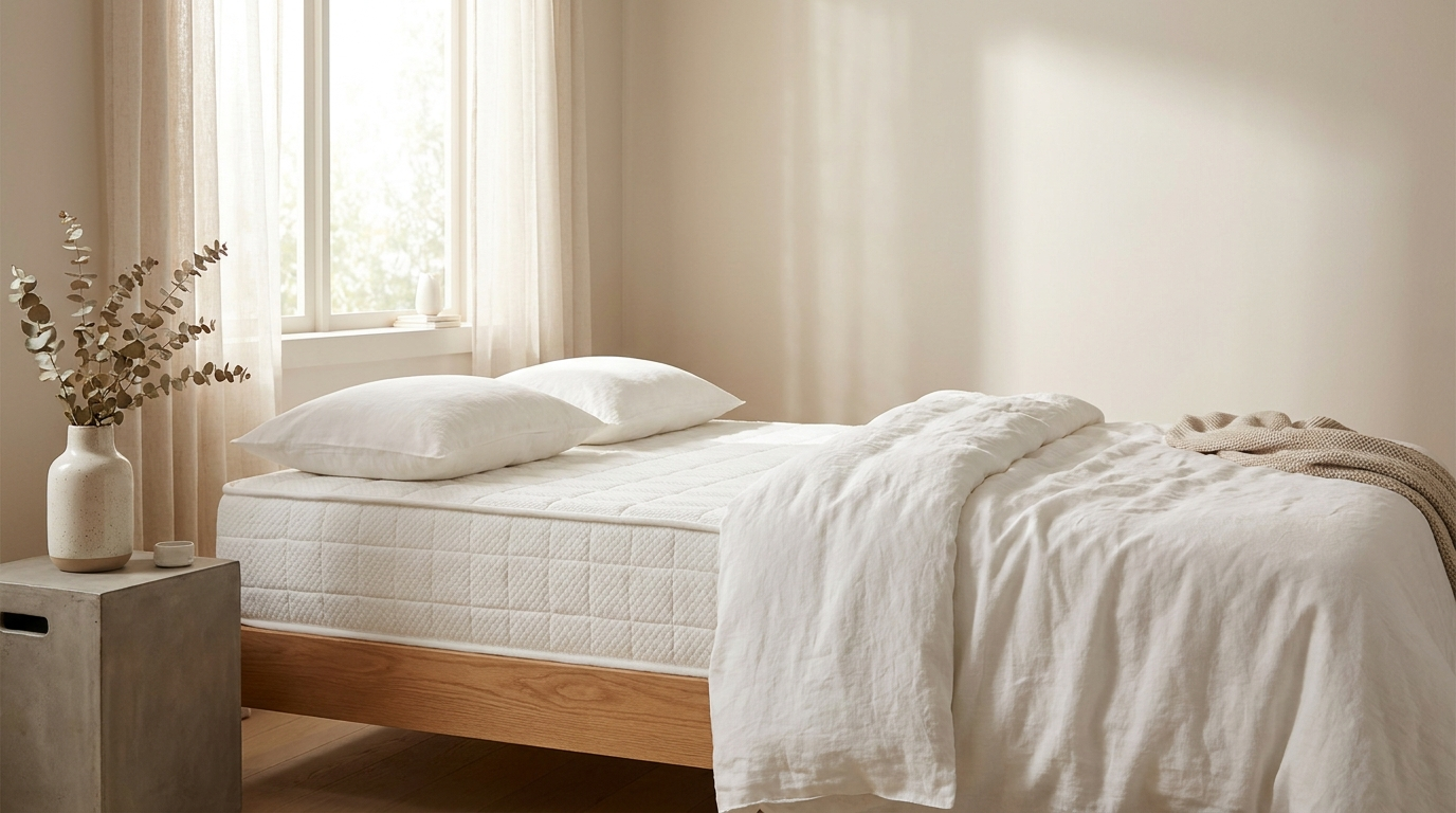 Colchão firme de espuma num quarto minimalista com luz natural