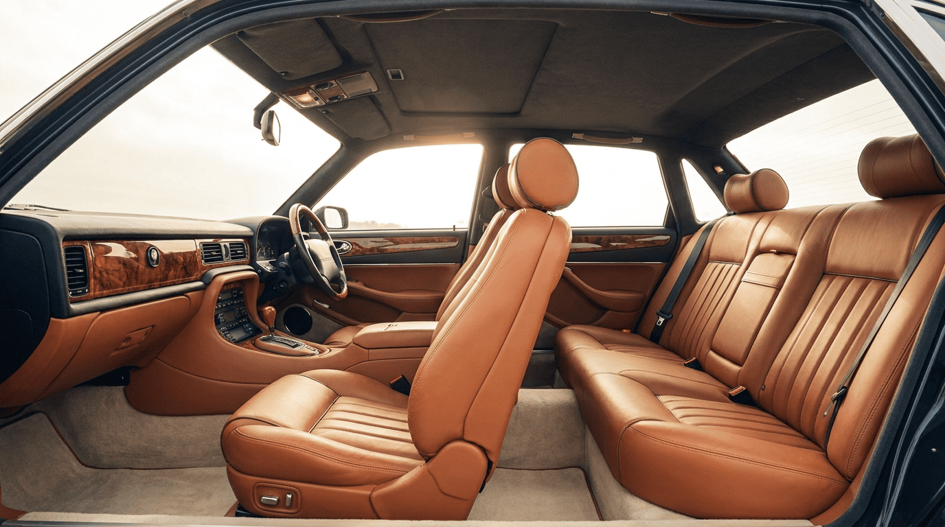 Interior clássico restaurado com estofamento hand-stitched em couro cognac