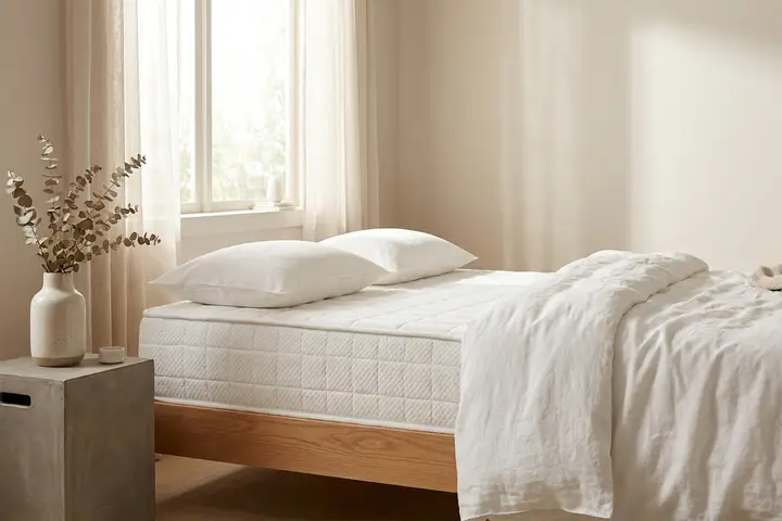 Colchão firme de espuma num quarto minimalista com luz natural