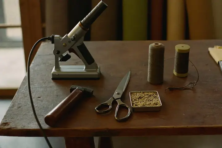 Bancada de tapeçaria com grampeador, martelo, tesoura, carretéis de linha e tachas