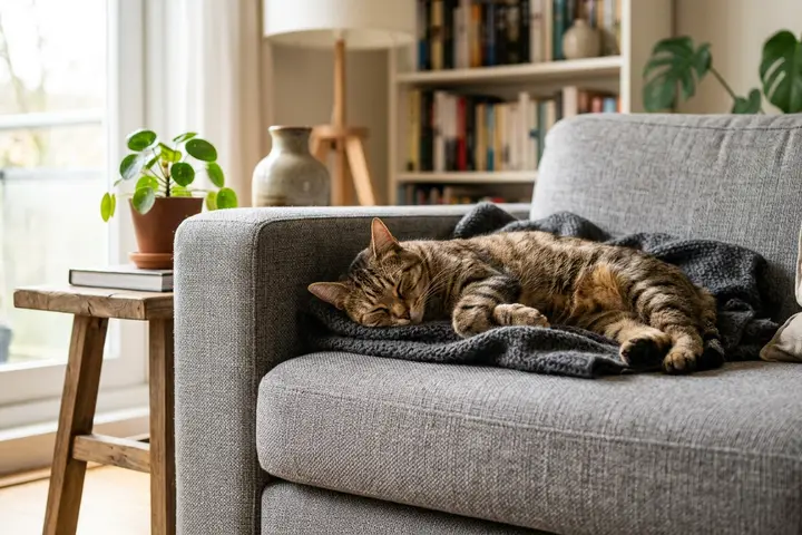 Gato deitado tranquilo num sofá com tecido de trama fechada
