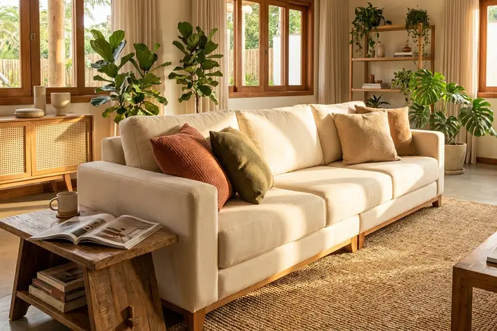 Sofá elegante em sala contemporânea com textura de tecido em destaque