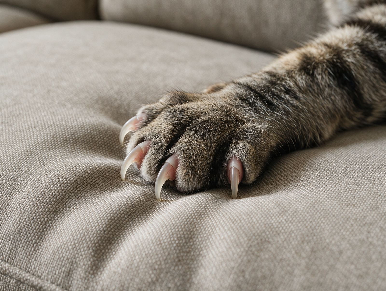 Pata de gato com as unhas à mostra sobre o assento do sofá