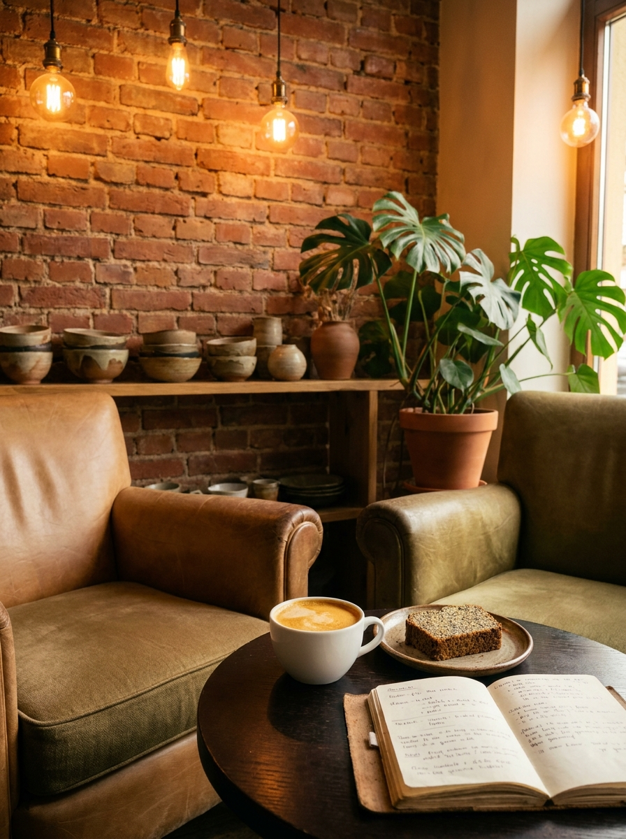 Café boutique com duas poltronas Santorini em caramelo e verde-oliva, mesa de madeira escura com xícara de café e fatia de bolo