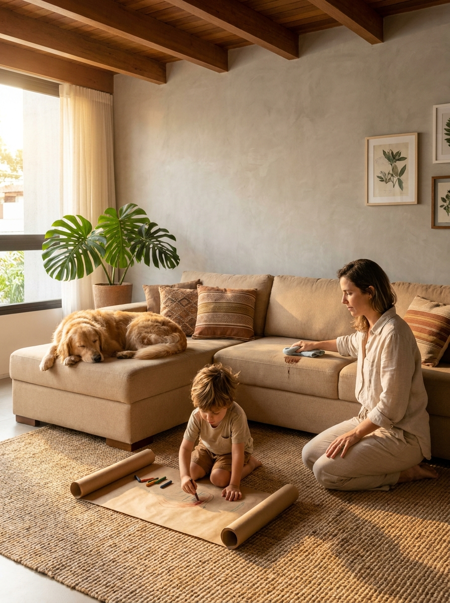 Sala de família com sofá modular Santorini em tom areia, mulher sentada no chão com criança brincando e cachorro Golden descansando no canto do sofá