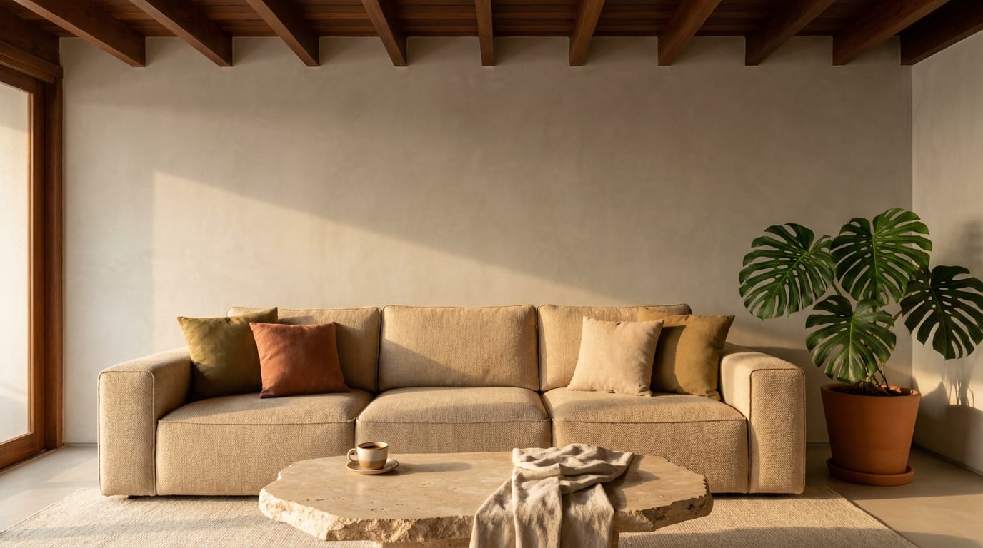 Tecido Santorini — Rústicos com tratamento técnico — várias linhas, mesma promessa: textura natural com proteção real.