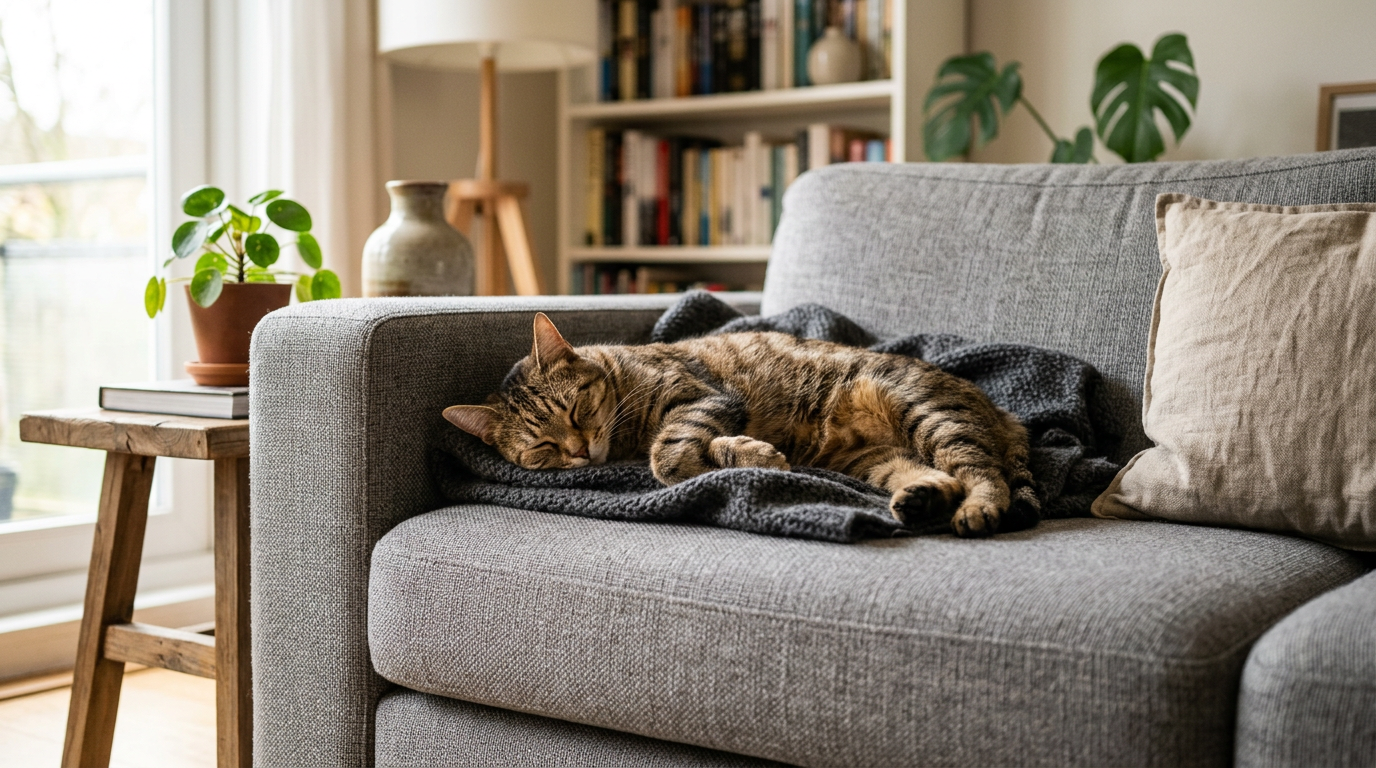 Gato deitado tranquilo num sofá com tecido de trama fechada