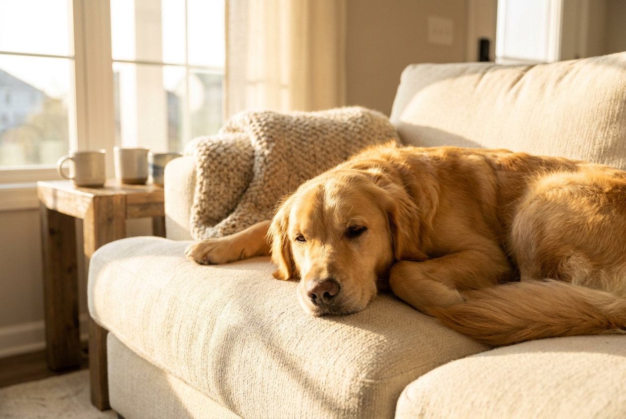 Cachorro deitado tranquilo sobre um sofá com tecido impermeável