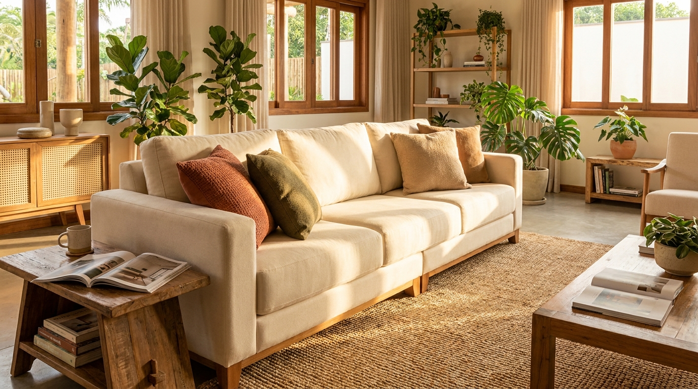 Sofá elegante em sala contemporânea com textura de tecido em destaque