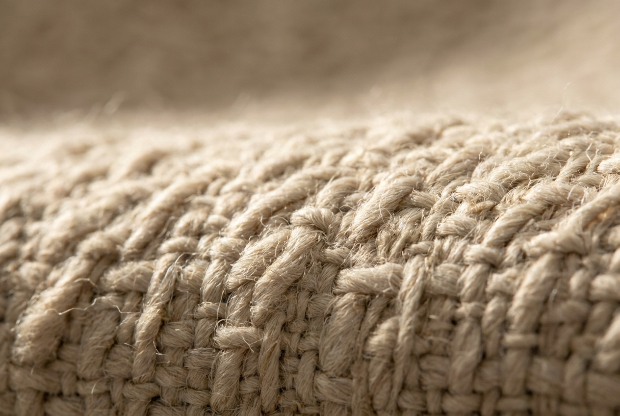 Textura macro do tecido linho natural em cor oatmeal com trama irregular