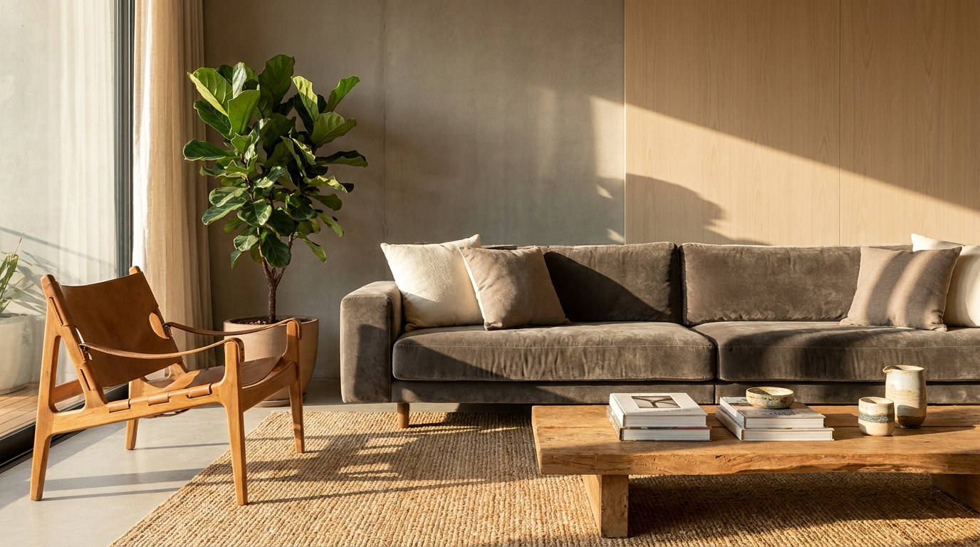 Sofá em veludo escuro numa sala moderna com luz natural