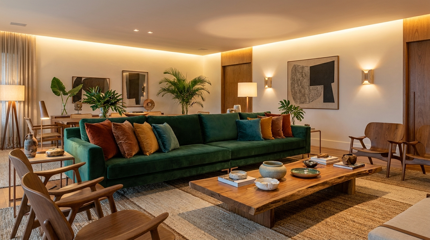 Sala completa com sofá revestido em veludo, prova de aplicação